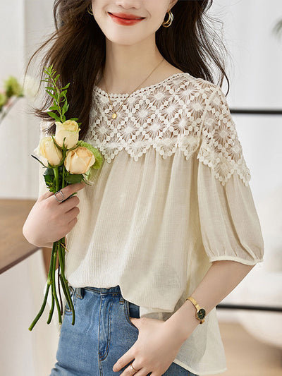 Sophie Loose Chiffon Lace Blouse-Khaki