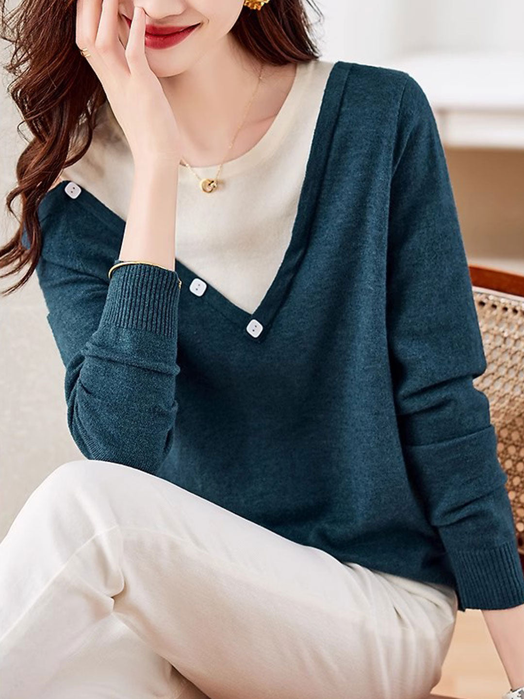 Olivia Crew Neck Patchwork Pullover Knitted Sweater