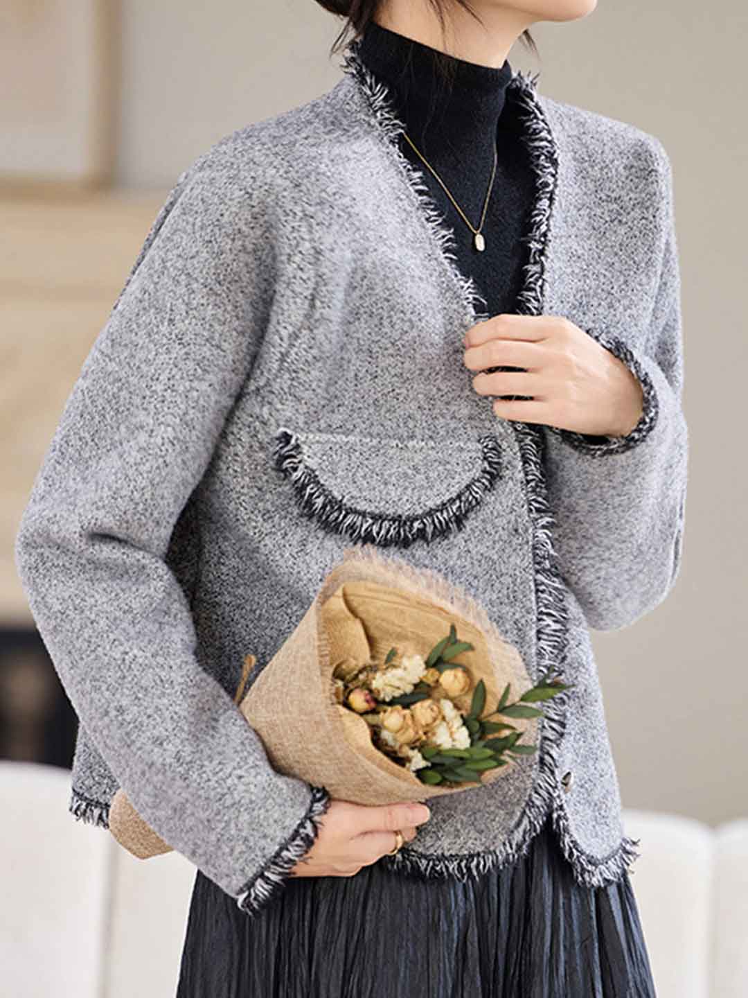 Emma Retro V-Neck Solid Color Tweed Coat