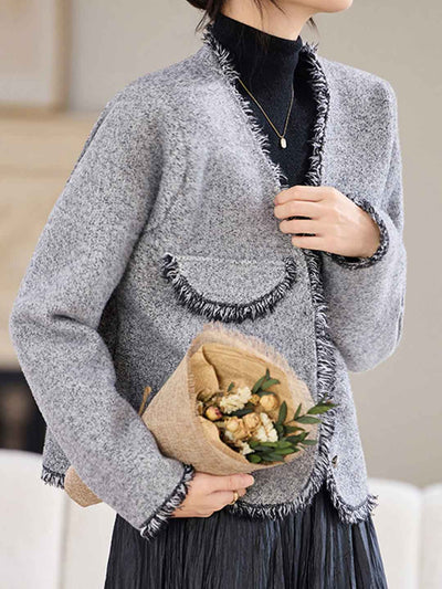 Emma Retro V-Neck Solid Color Tweed Coat