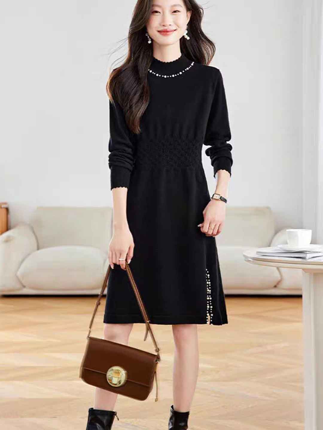 Victoria Casual Turtleneck Beaded Knitted Sweater Dress