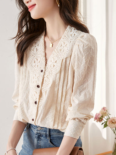 Kayla Retro Lantern Sleeve Lace Embroidered Blouse