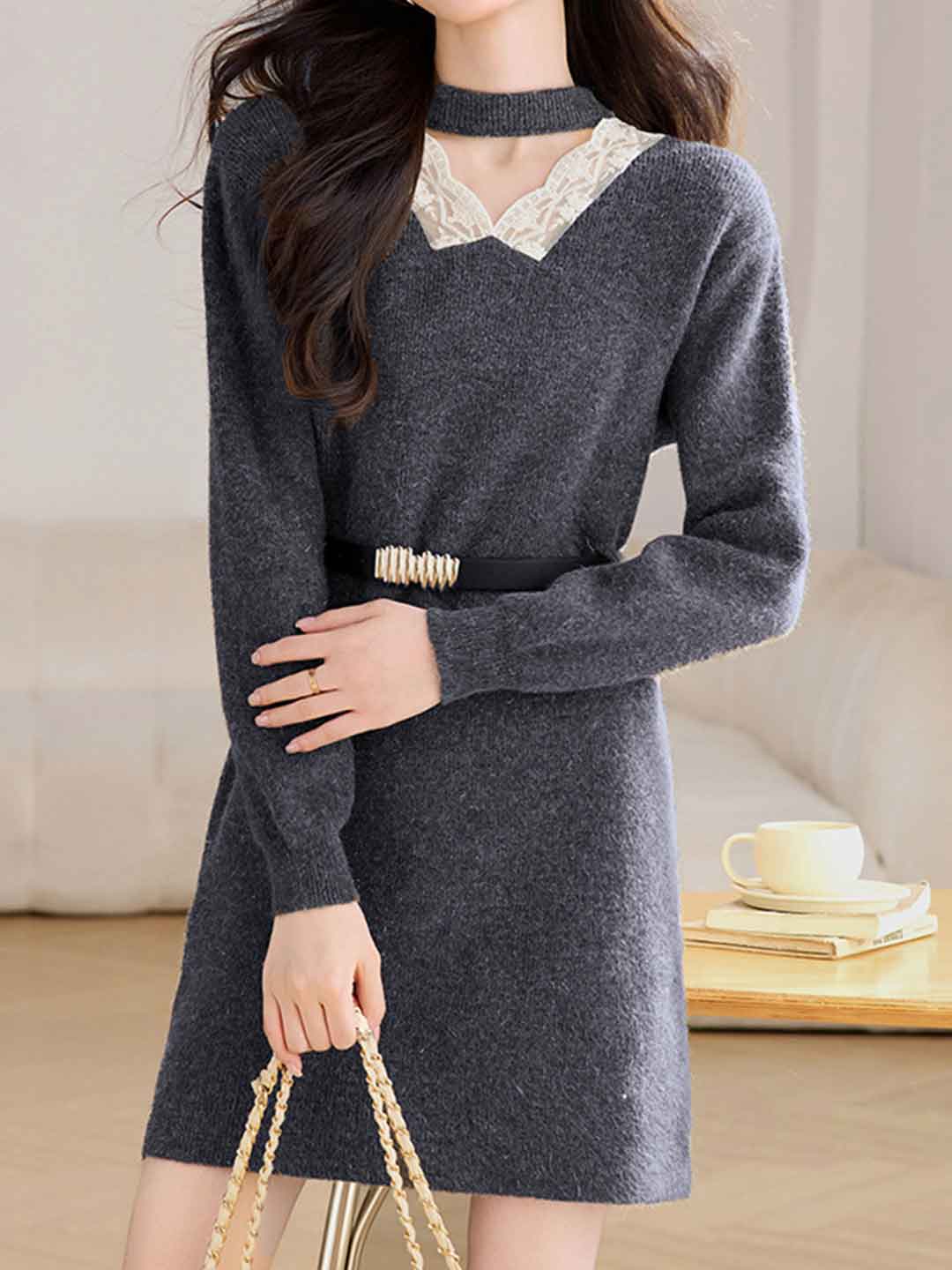 Brianna Vintage V-Neck Lace Patchwork Knitted Dress