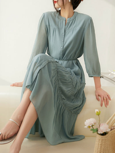 Sophie Elegant Pleated Tie Dress-Blue