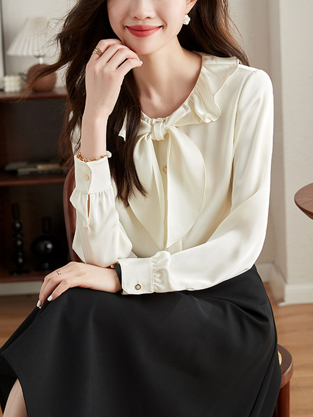 Ava Elegant Ruffle Collar And Ribbons Top