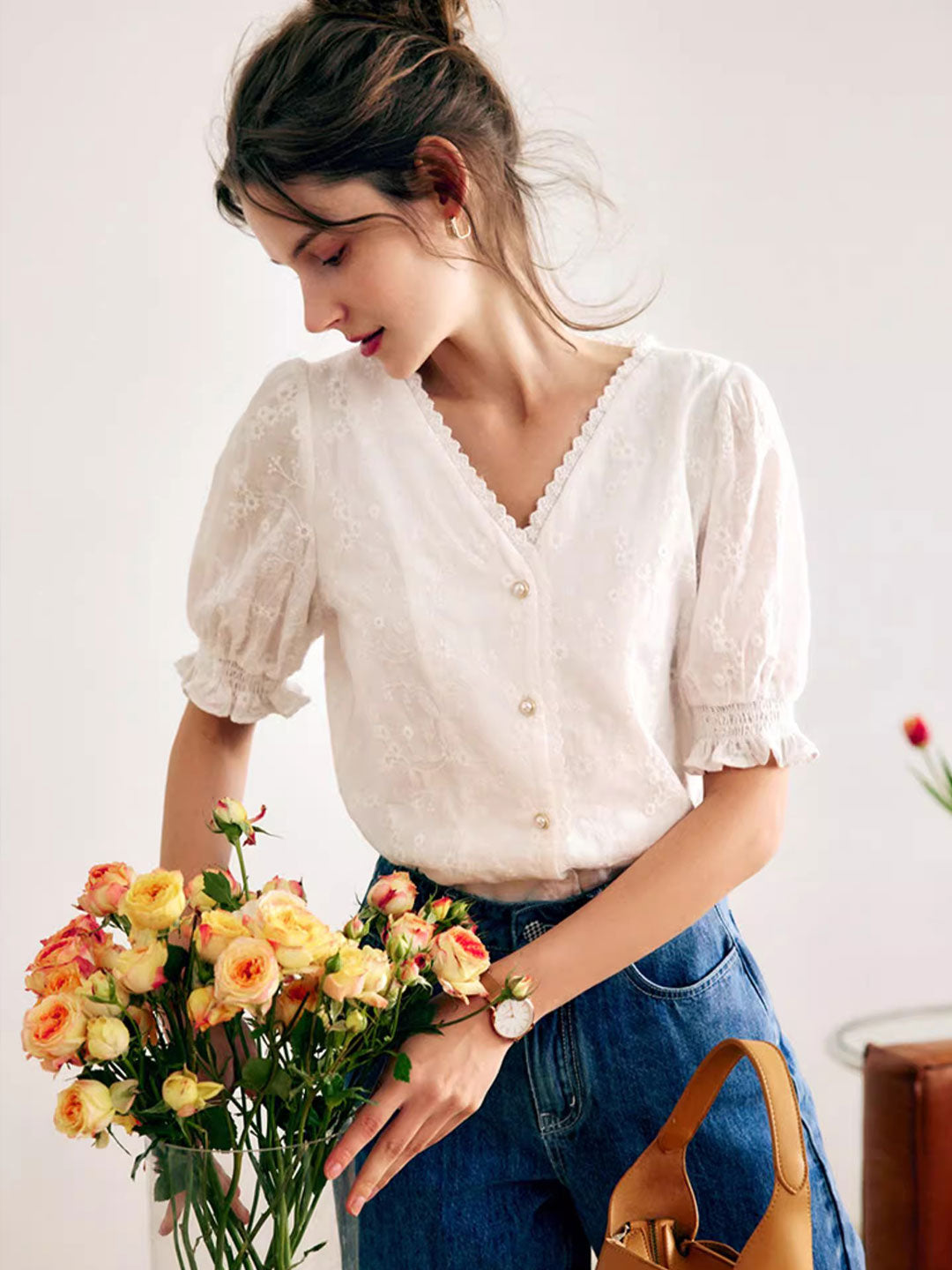 Lisa Retro V-neck Embroidered Blouse