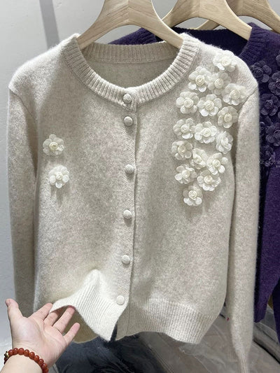 Aubrey Classic Crew Neck Flower Knitted Cardigan