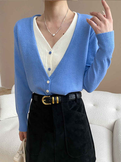 Gianna Classic V-Neck Contrast Mock Two-Piece Knitted Top