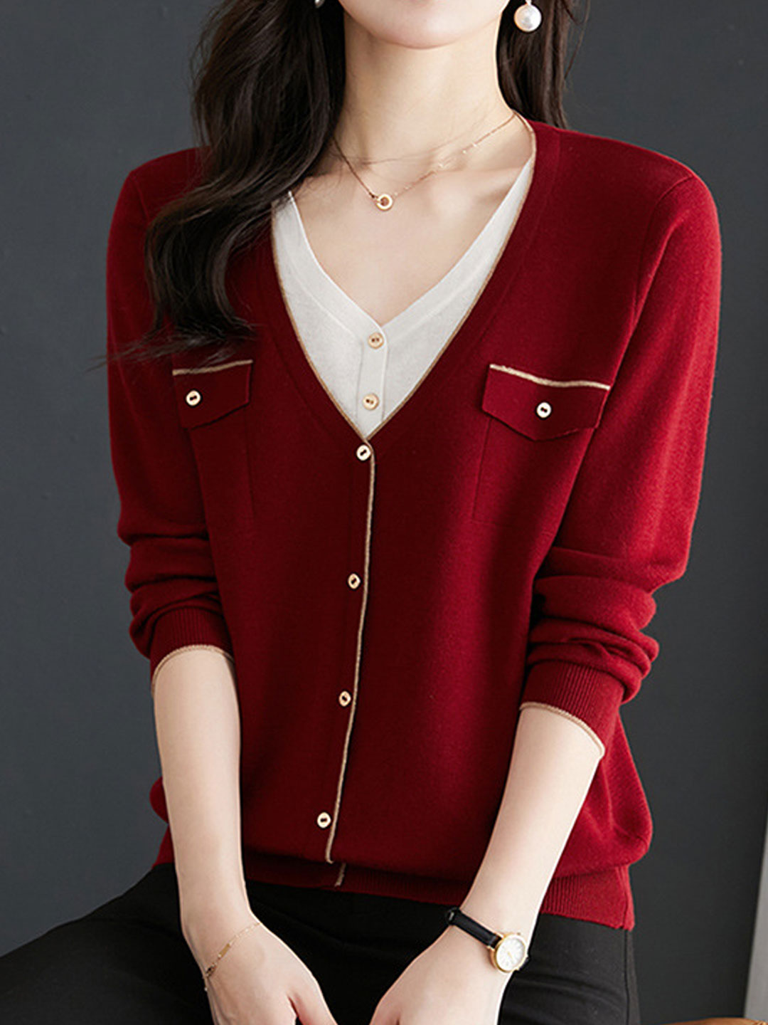 Olivia Loose V-Neck Mock Two-Piece Knitted Cardigan