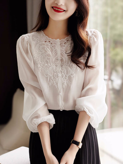 Jocelyn Elegant Embroidered Lantern Sleeve Shirt-White