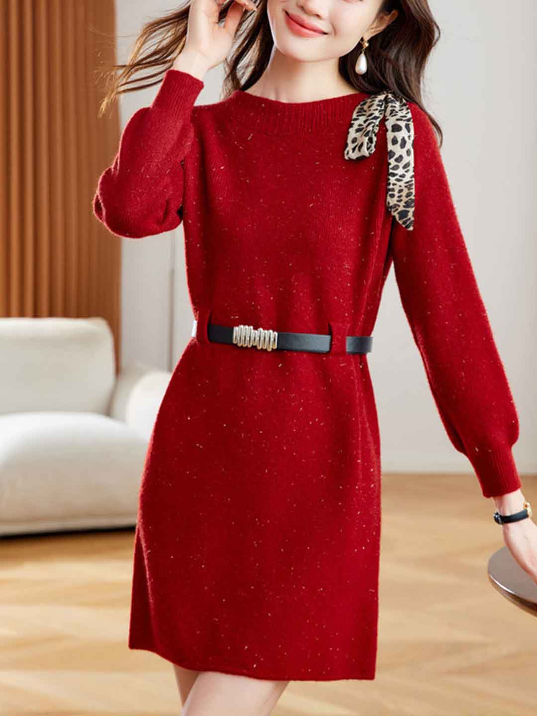 Taylor Casual Crew Neck Scarf Knitted Dress