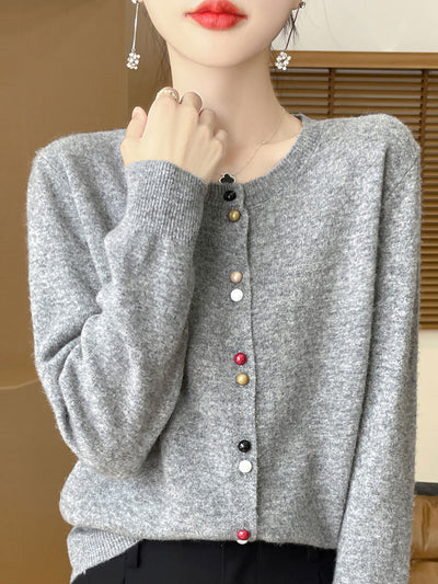 Mya Loose Crew Neck Solid Color Knitted Cardigan-Red