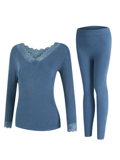 2pcs Women'S Lace V-Neck Seamless Stretch Thermal Underwear Set