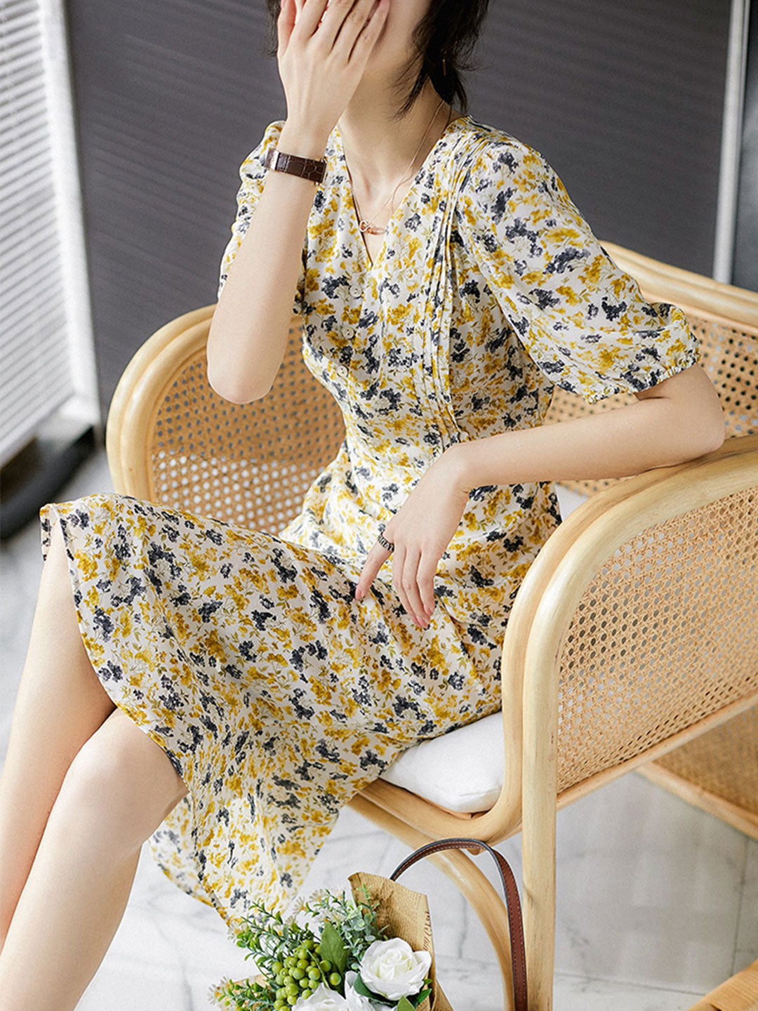 Kayla Retro Floral Puff Sleeve Dress