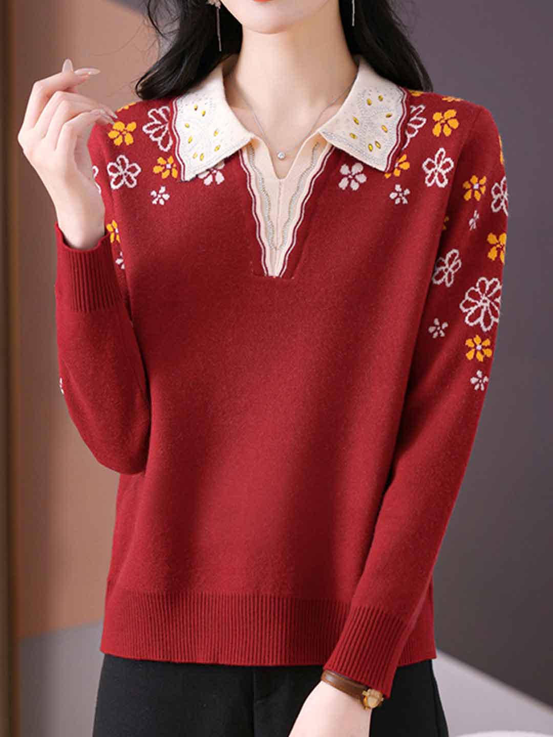 Jocelyn Casual Lapel Embroidered Knitted Top