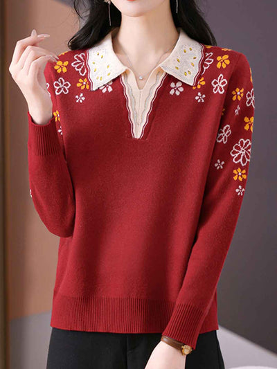 Jocelyn Casual Lapel Embroidered Knitted Top