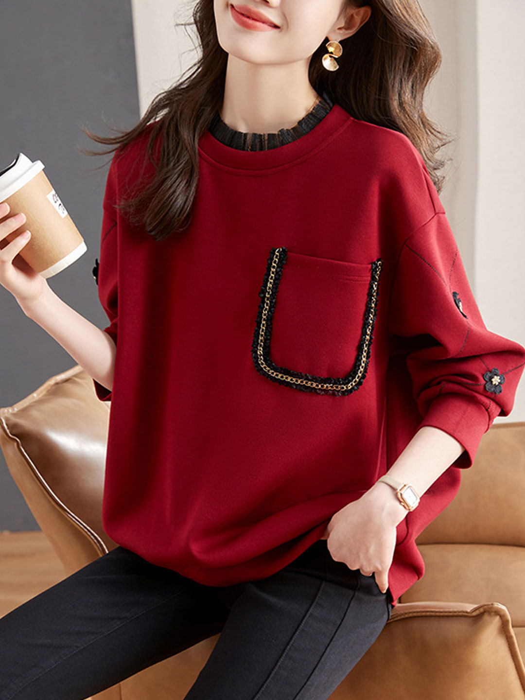 Olivia Casual Auricular Embroidered Sweatshirt