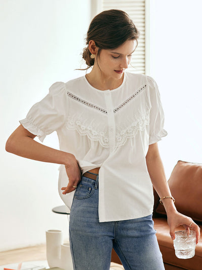 Layla Retro Hollowed Paneled Lace Shirt-White