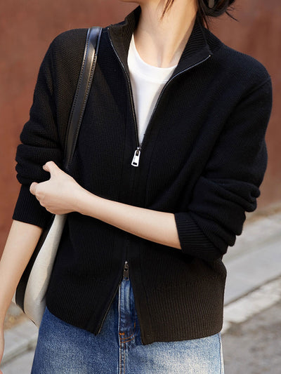 Emily Loose Zipper Solid Color Knitted Cardigan