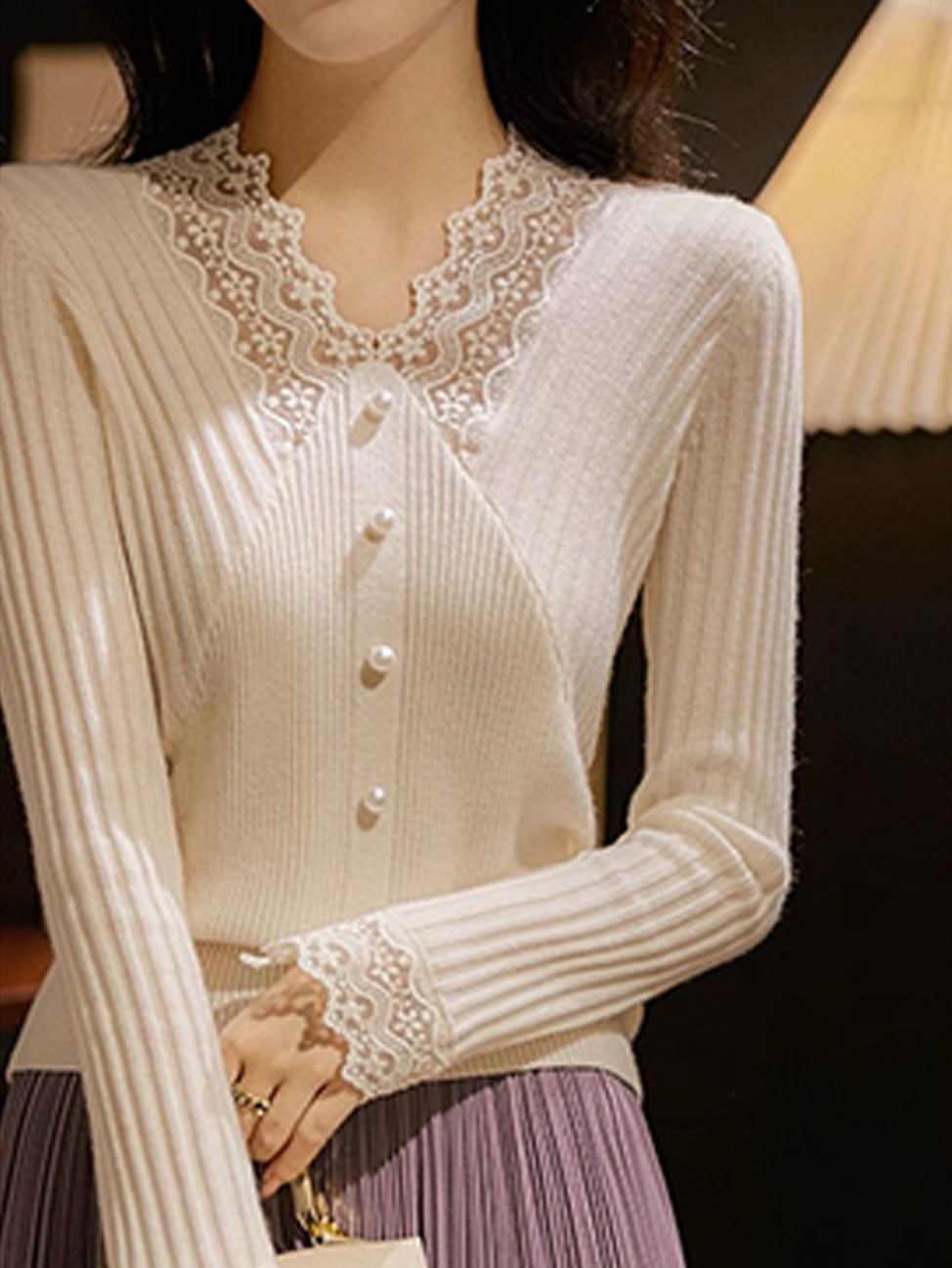 Victoria Elegant V-neck Hollowed Lace Knitted Top