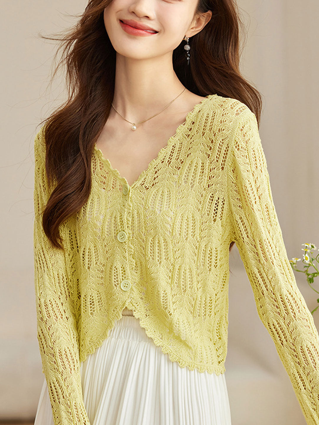 Emma Elegant V-Neck Hollowed Ice Silk Knitted Cardigan-Yellow