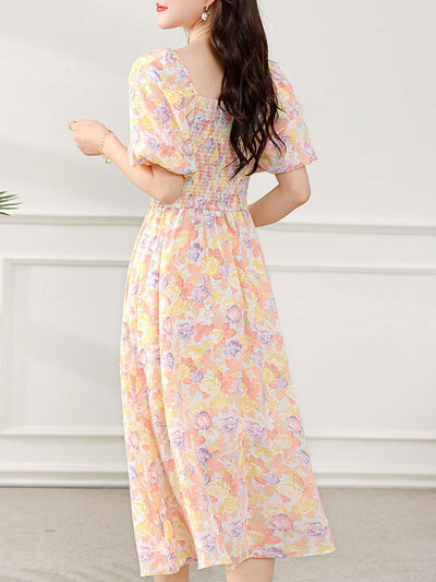 Sophia Retro Puff Sleeve Floral Dress-Pink