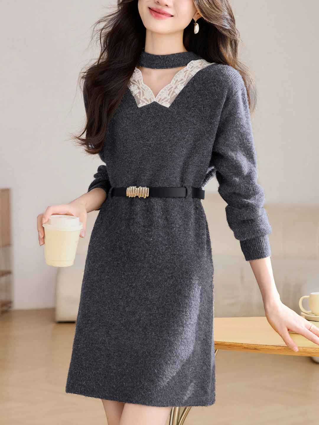 Brianna Vintage V-Neck Lace Patchwork Knitted Dress