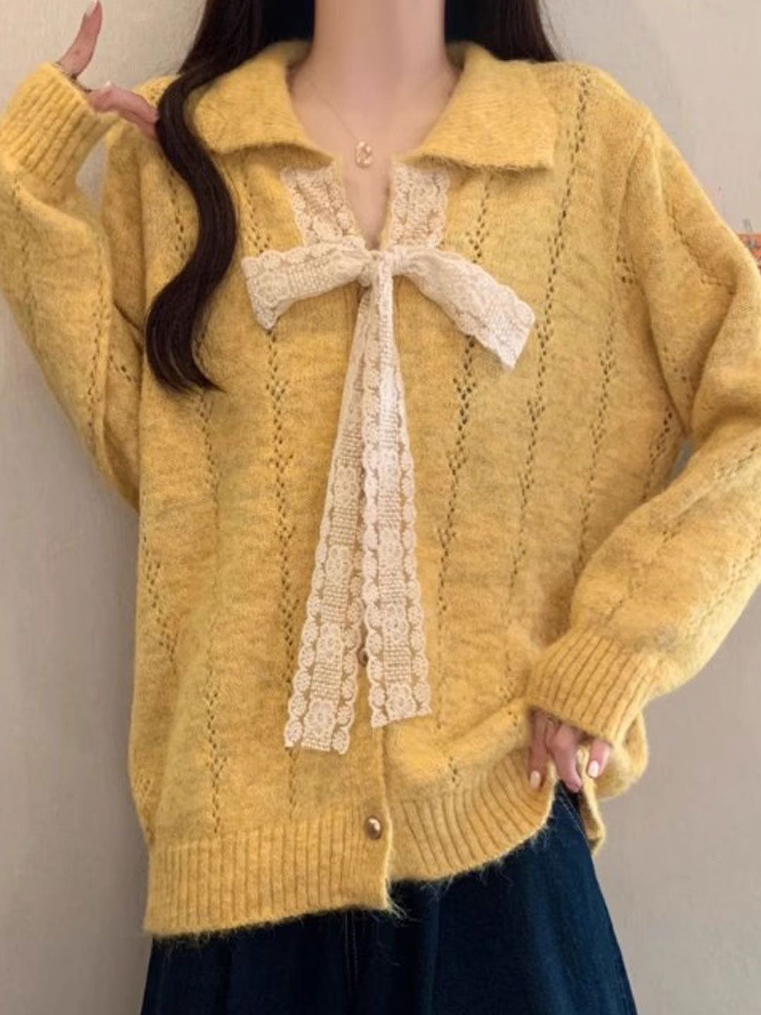 Brianna Retro Lapel Hollowed Lace Knitted Cardigan