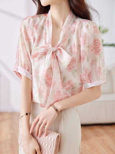 Grace Classic Bowknot Streamer Chiffon Top-Pink