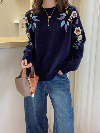Andrea Casual Crew Neck Flower Embroidered Knitted Sweater