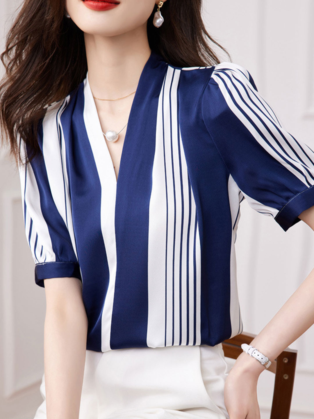 Lauren Classic Contrast Color Loose Shirt-Blue