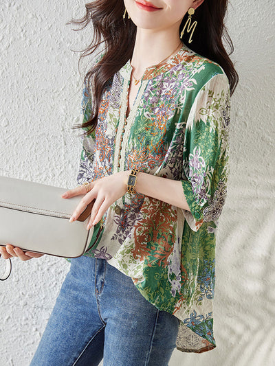 Natalie V-Neck Loose Beaded Printed Blouse