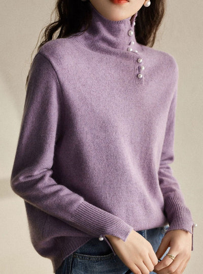 Ava Vintage Buttoned Turtleneck Knitted Sweater-Purple