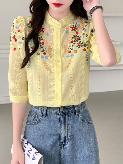 Brianna Vintage Embroidered Jacquard Top-Yellow