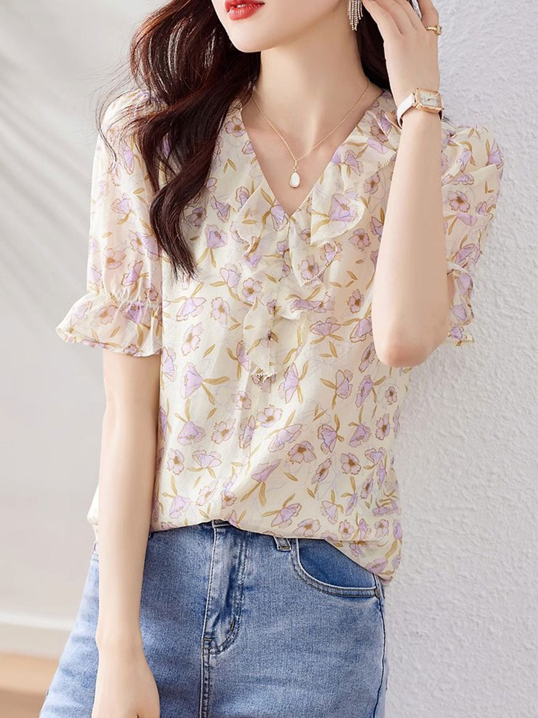 Lauren Elegant Ruffled Floral Chiffon Top