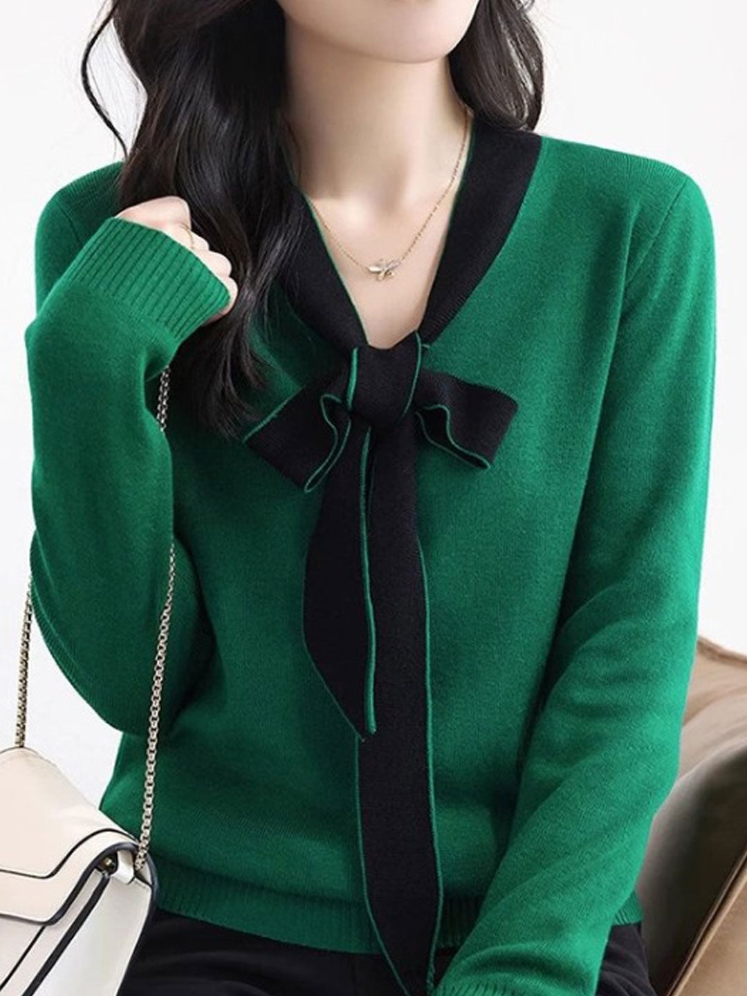 Jessica Casual Color Block Bow Tie Knitted Top