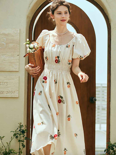 Olivia Retro Embroidered Puff Sleeve Dress