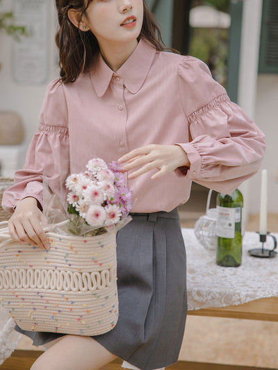 Claire Loose Solid Color Lapel Lantern Sleeve Shirt