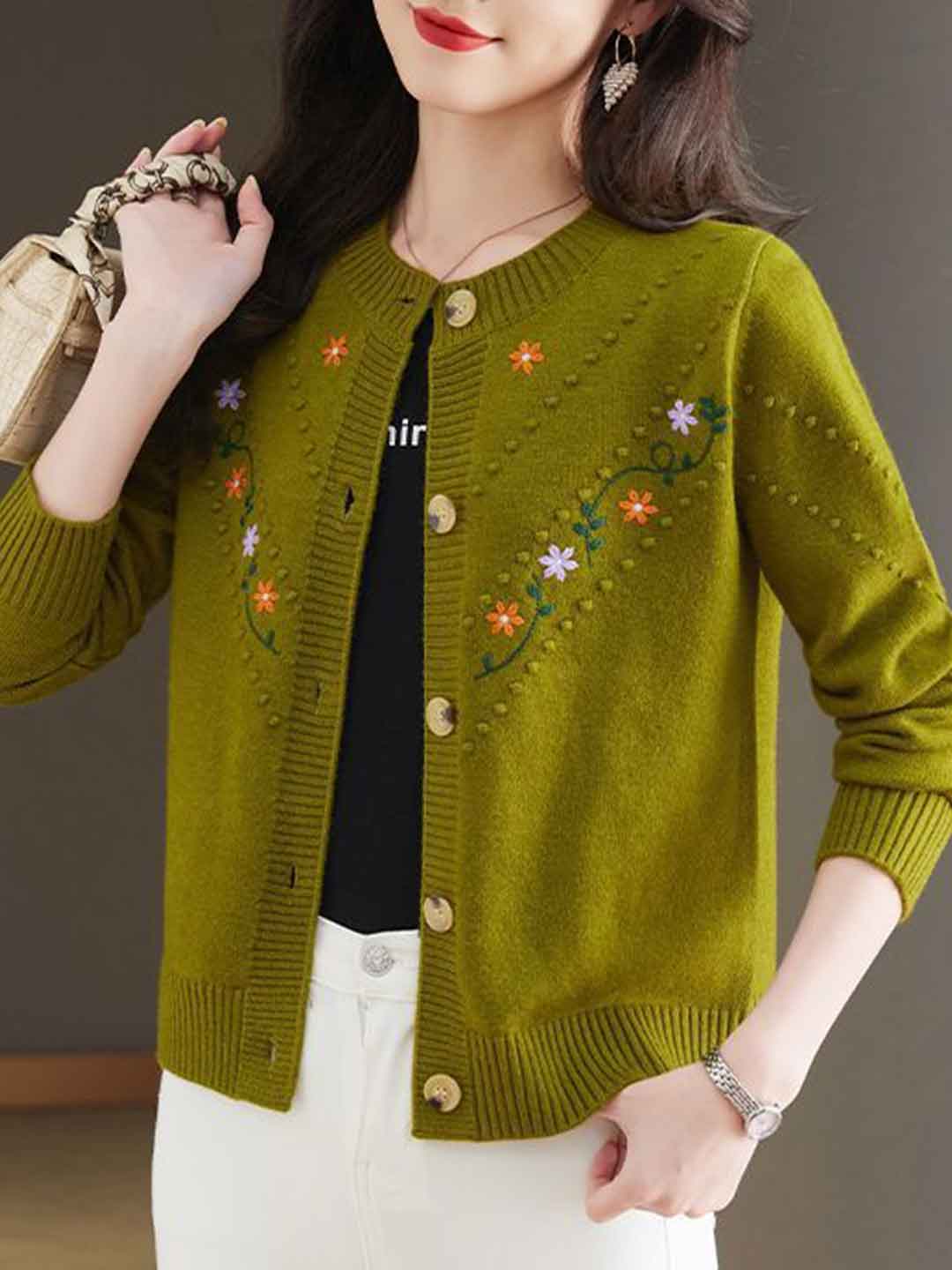 Faith Classic Crew Neck Embroidered Floral Knitted Cardigan