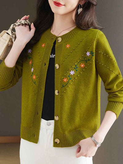 Faith Classic Crew Neck Embroidered Floral Knitted Cardigan