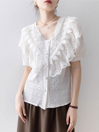 Kaylee Vintage V-Neck Solid Color Lace Blouse