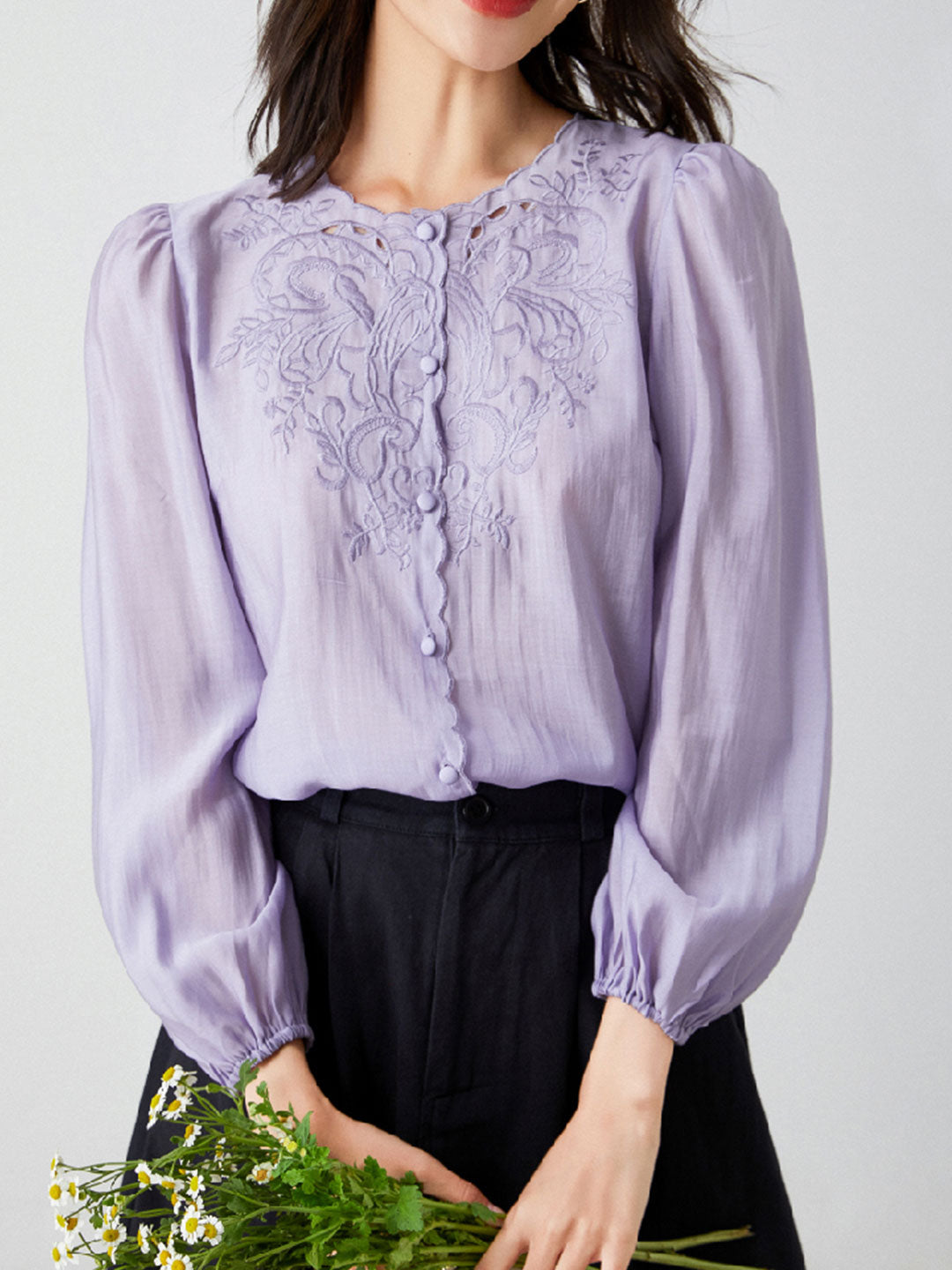 Jocelyn Elegant Embroidered Lantern Sleeve Shirt-Purple