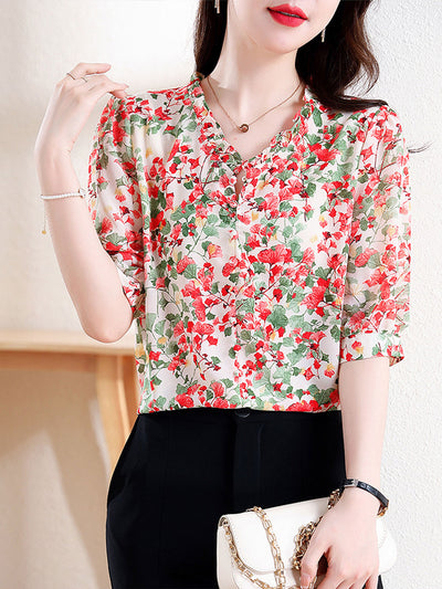 Mia Vacation V-Neck Ruffled Floral Chiffon Top-Red