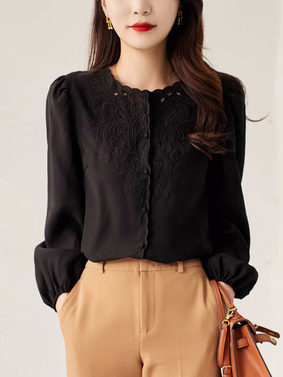 Jocelyn Elegant Embroidered Lantern Sleeve Shirt-White