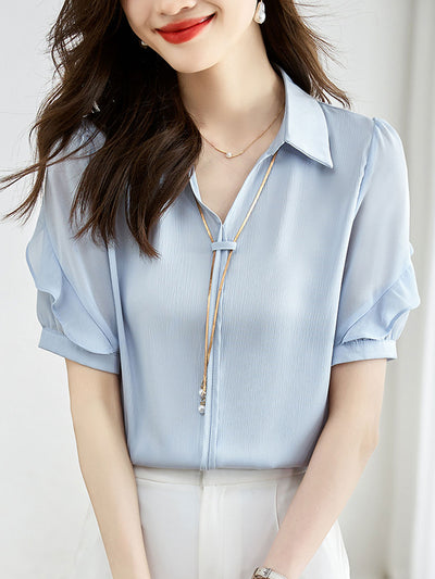 Elizabeth Elegant Lapel Chain Chiffon Shirt-White