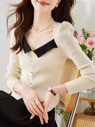 Jessica Retro Color Block Knitted Top-Apricot