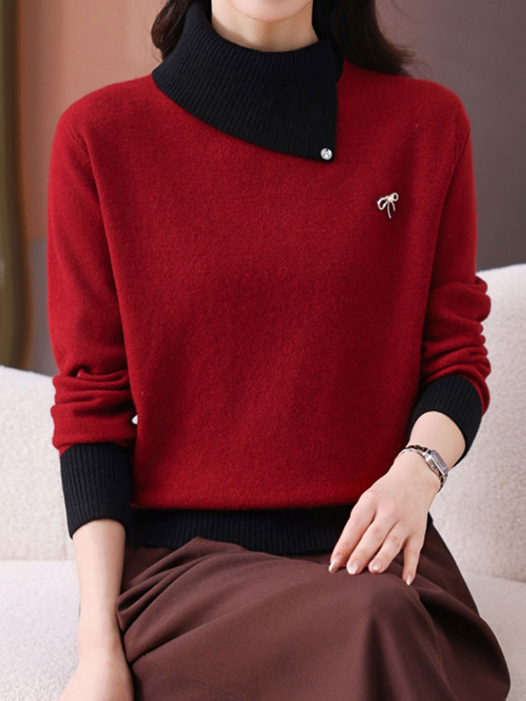 Olivia Classic Turtleneck Contrasted Panelled Knitted Sweater