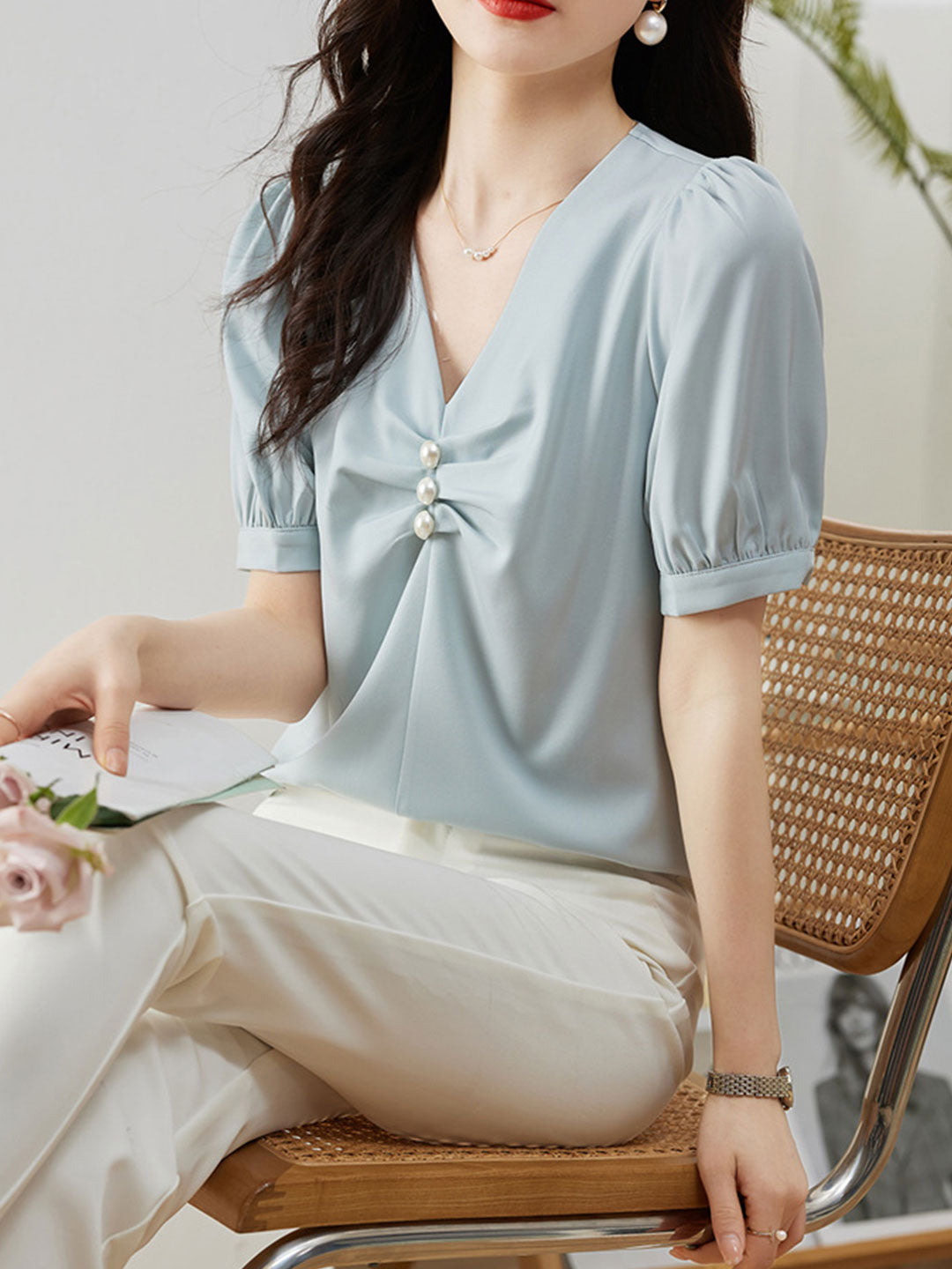 Bella Elegant Beaded Pleated Satin Shirt