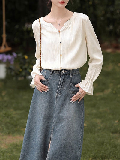 Olivia Loose V-Neck Lantern Sleeve Pleated Textured Top