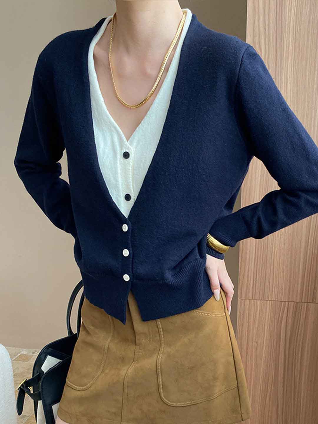 Gianna Classic V-Neck Contrast Mock Two-Piece Knitted Top